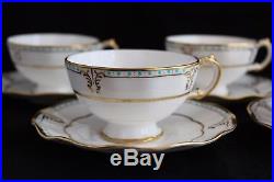 SET 4 Royal Crown Derby LOMBARDY turquoise enameled gold rim TEA CUPS & SAUCERS