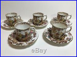 SET 5 Royal Crown Derby OLD AVESBURY Hand-Painted DEMITASSE Cups & Saucers GOLD