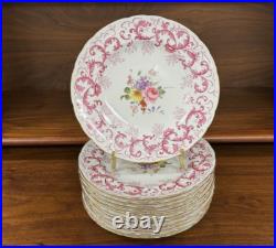 Set (12) Royal Crown Derby Purple Scroll Posie Center 9 Luncheon Plates A496