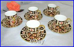 Set 5 Royal Crown Derby Traditional Imari Flat Demitasse Cups & Saucers