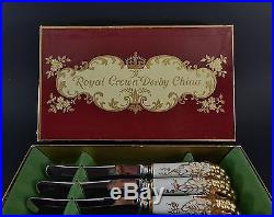 Set 6 Royal Crown Derby Porcelain Handle Tea Knives with Original Box Vine Gold