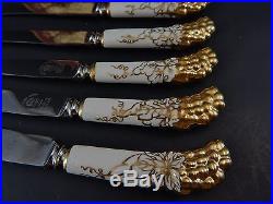 Set 6 Royal Crown Derby Porcelain Handle Tea Knives with Original Box Vine Gold