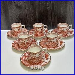 Set 6 Royal Crown Derby Red Aves Flat Demitasse Cups and Saucers