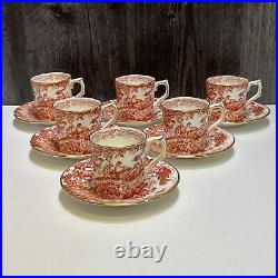 Set 6 Royal Crown Derby Red Aves Flat Demitasse Cups and Saucers