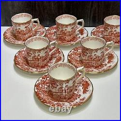 Set 6 Royal Crown Derby Red Aves Flat Demitasse Cups and Saucers