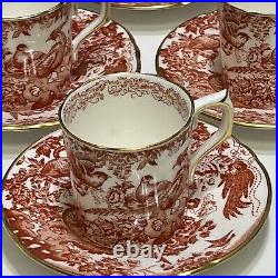 Set 6 Royal Crown Derby Red Aves Flat Demitasse Cups and Saucers
