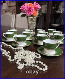 Set Of 12 Royal Crown Derby ANTIGUA Demitasse Cup & Saucer Set Green/Gold