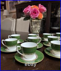 Set Of 12 Royal Crown Derby ANTIGUA Demitasse Cup & Saucer Set Green/Gold