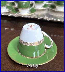 Set Of 12 Royal Crown Derby ANTIGUA Demitasse Cup & Saucer Set Green/Gold