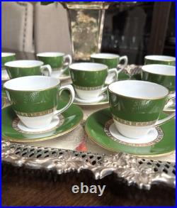 Set Of 12 Royal Crown Derby ANTIGUA Demitasse Cup & Saucer Set Green/Gold