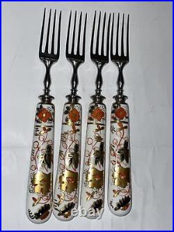 Set Of 4 Royal Crown Derby Asian Rose Steak Fork Stainless Porcelain
