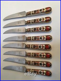 Set Of 8 Royal Crown Derby Old Imari Serrated Dinner Steak Knives 8.5 WithBox
