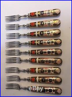 Set Of 9 (8 + 1 Extra) Royal Crown Derby Old Imari 4-Tined Forks 7.0 WithBox