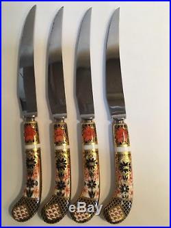 Set Of Four Royal Crown Derby Old Imari Serrated Dinner Steak Knives 8.5
