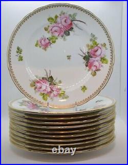 Set of 11 Royal Crown Derby Hand Painted Roses Dinner Plates Artist Signed