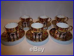 Set of 6 Royal Crown Derby Solid Gold Band Old Imari Demitasse Cups/Saucers