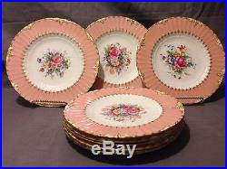 Set of 8 Royal Crown Derby 9 Plates w Salmon Pink Rims Roses Flowers and Gold