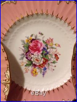 Set of 8 Royal Crown Derby 9 Plates w Salmon Pink Rims Roses Flowers and Gold