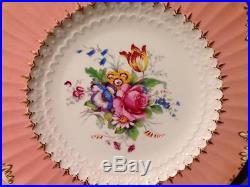 Set of 8 Royal Crown Derby 9 Plates w Salmon Pink Rims Roses Flowers and Gold