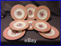 Set of 8 Royal Crown Derby 9 Plates w Salmon Pink Rims Roses Flowers and Gold