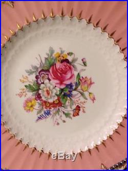 Set of 8 Royal Crown Derby 9 Plates w Salmon Pink Rims Roses Flowers and Gold