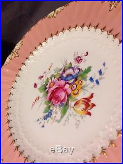 Set of 8 Royal Crown Derby 9 Plates w Salmon Pink Rims Roses Flowers and Gold