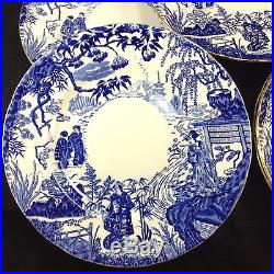 Set of 8 Royal Crown Derby Blue Mikado 10 5/8 Dinner Plates Lot Gilt Trim