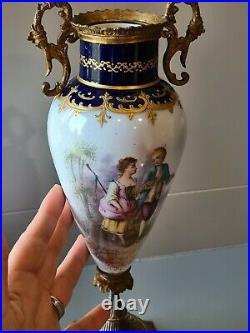 Sevres Style Porcelain & Bronze Mounted Vase SIGNED ROCHE Courting Scene READ