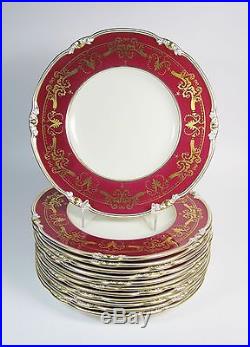 Twelve (12) Vintage Royal Crown Derby Gold and Burgundy Dinner Plates 10.25
