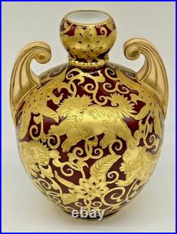 Victorian 1880's Royal Crown Derby Vase Red Ground with Raised Gold Foo Dogs 7H