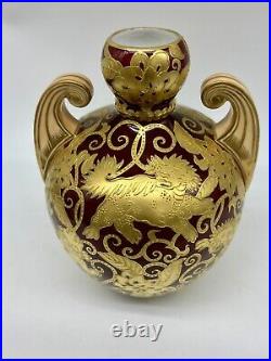 Victorian 1880's Royal Crown Derby Vase Red Ground with Raised Gold Foo Dogs 7H