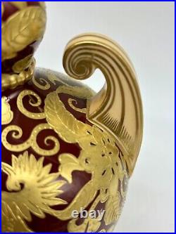 Victorian 1880's Royal Crown Derby Vase Red Ground with Raised Gold Foo Dogs 7H