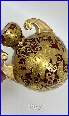 Victorian 1880's Royal Crown Derby Vase Red Ground with Raised Gold Foo Dogs 7H