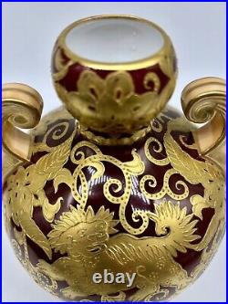 Victorian 1880's Royal Crown Derby Vase Red Ground with Raised Gold Foo Dogs 7H