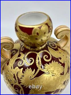 Victorian 1880's Royal Crown Derby Vase Red Ground with Raised Gold Foo Dogs 7H