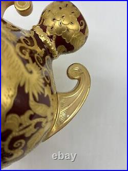 Victorian 1880's Royal Crown Derby Vase Red Ground with Raised Gold Foo Dogs 7H