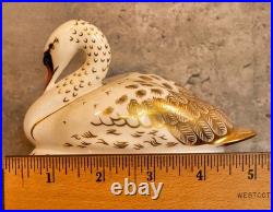 Vintage ROYAL CROWN DERBY Swan Paperweight 22K Gold Gild Lotus Flowers Dragonfly