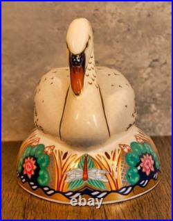 Vintage ROYAL CROWN DERBY Swan Paperweight 22K Gold Gild Lotus Flowers Dragonfly