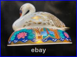 Vintage ROYAL CROWN DERBY Swan Paperweight White with22K Gold Gild Lotus Flowers