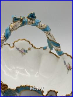 Vintage Royal Crown Derby Basket Porcelain Bows Gilded Edges Turquoise #4998
