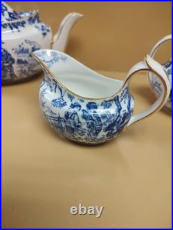 Vintage Royal Crown Derby Blue Mikado Tea Set Teapot Creamer & Sugar Bowl UNUSED