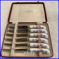 Vintage Royal Crown Derby, Cased Knife Set, Porcelain Handle Knives, Derby Posies