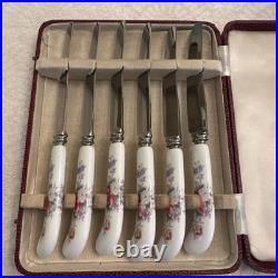 Vintage Royal Crown Derby, Cased Knife Set, Porcelain Handle Knives, Derby Posies