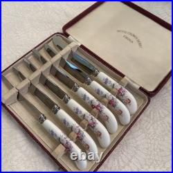 Vintage Royal Crown Derby, Cased Knife Set, Porcelain Handle Knives, Derby Posies
