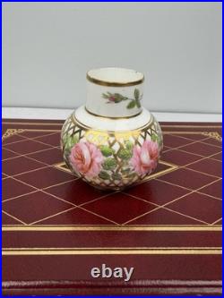 Vintage Royal Crown Derby Miniature Vase Floral Pink Roses Gold Lattice