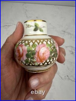 Vintage Royal Crown Derby Miniature Vase Floral Pink Roses Gold Lattice