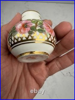 Vintage Royal Crown Derby Miniature Vase Floral Pink Roses Gold Lattice