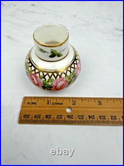 Vintage Royal Crown Derby Miniature Vase Floral Pink Roses Gold Lattice