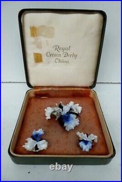 Vintage Royal Crown Derby Porcelain Orchid Flower Jewellery Set Brooch Earrings