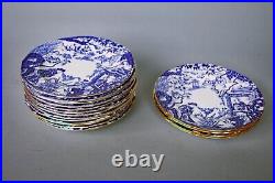 Vtg Royal Crown Derby Blue Mikado Set 18 Salad Plates Scallops Gold Rim 8 1/8